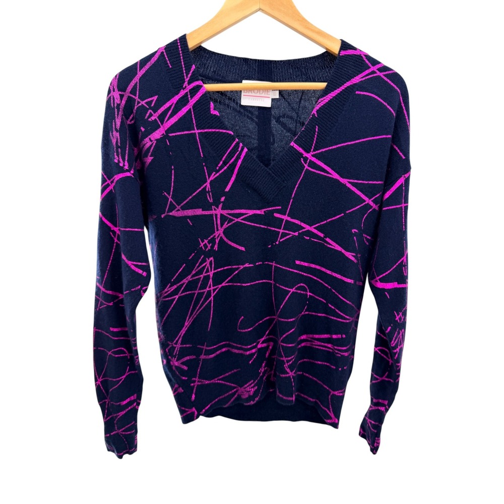 Brodie Cashmere XS Navy Neon Pink Abstract Scribble V-Neck Sweater Luxury Art